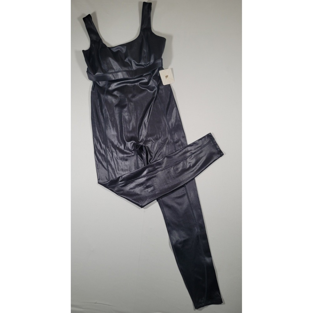 NWT Fabletics Motion365 Shine Jumpsuit Large Black Metallic Catsuit Unitard‎